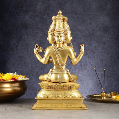 Pure Brass Seated Lord Brahma Sculpture - 16 inch