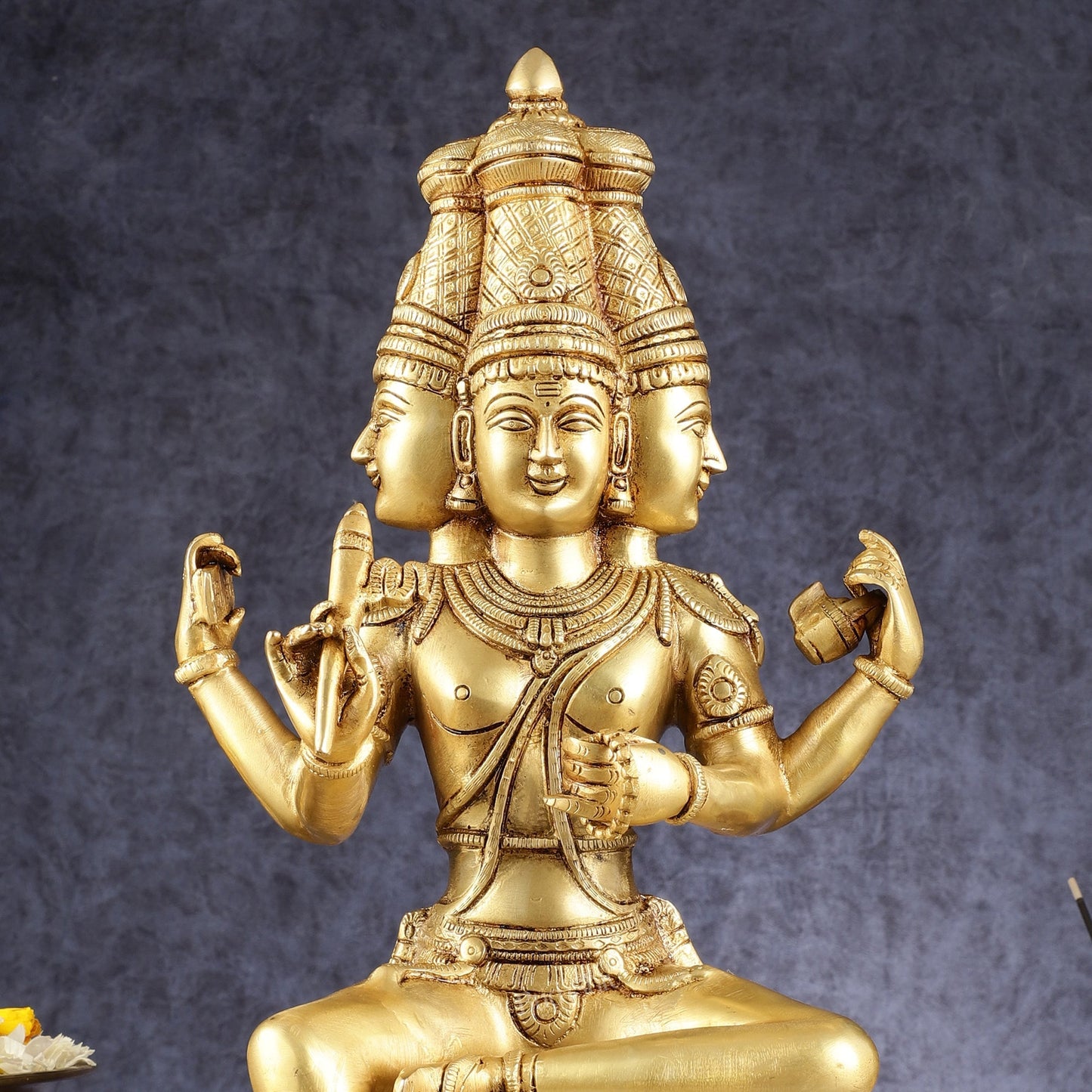 Pure Brass Seated Lord Brahma Sculpture - 16 inch
