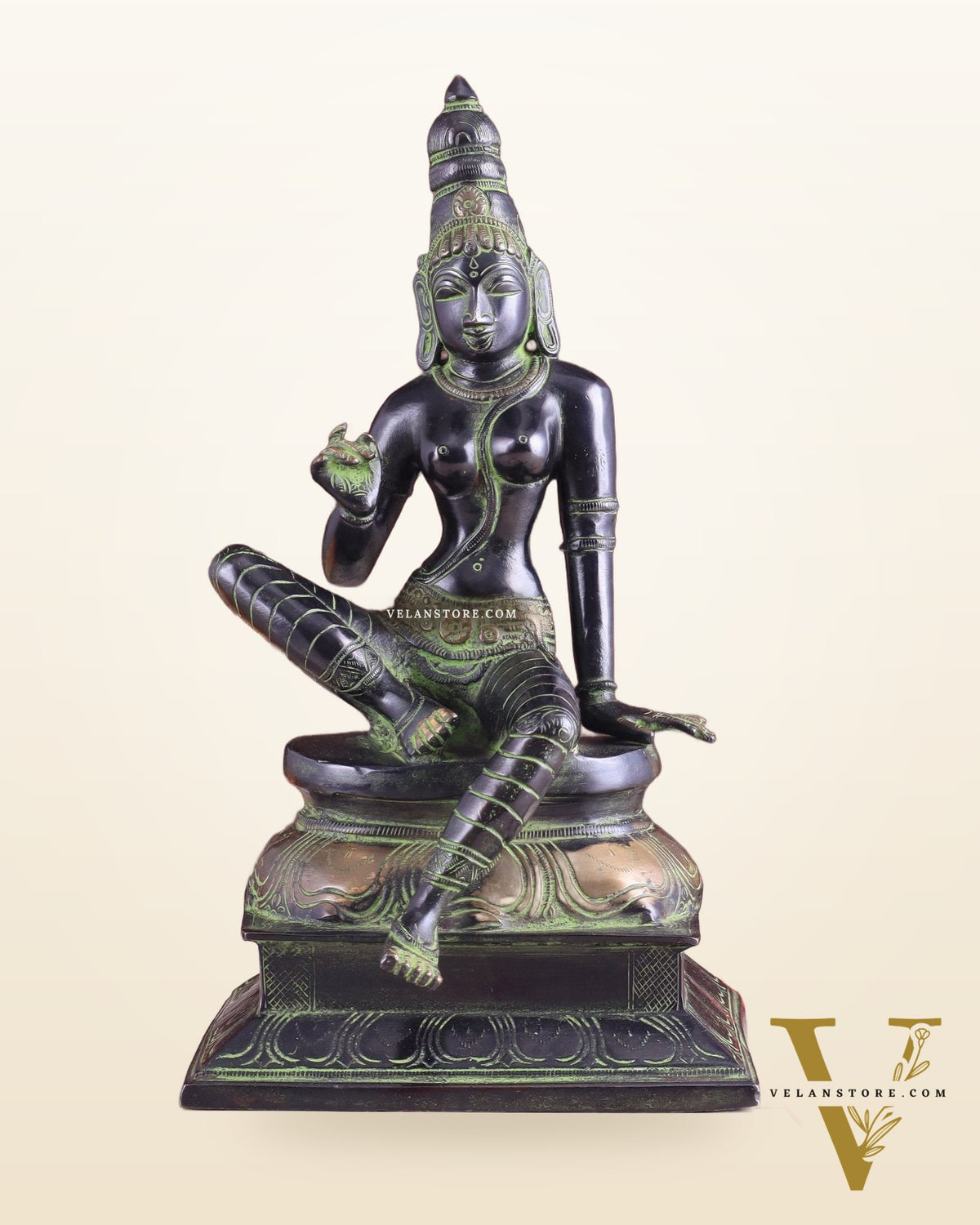 Pure Brass Seated Parvati Idol - 12" Black green tone