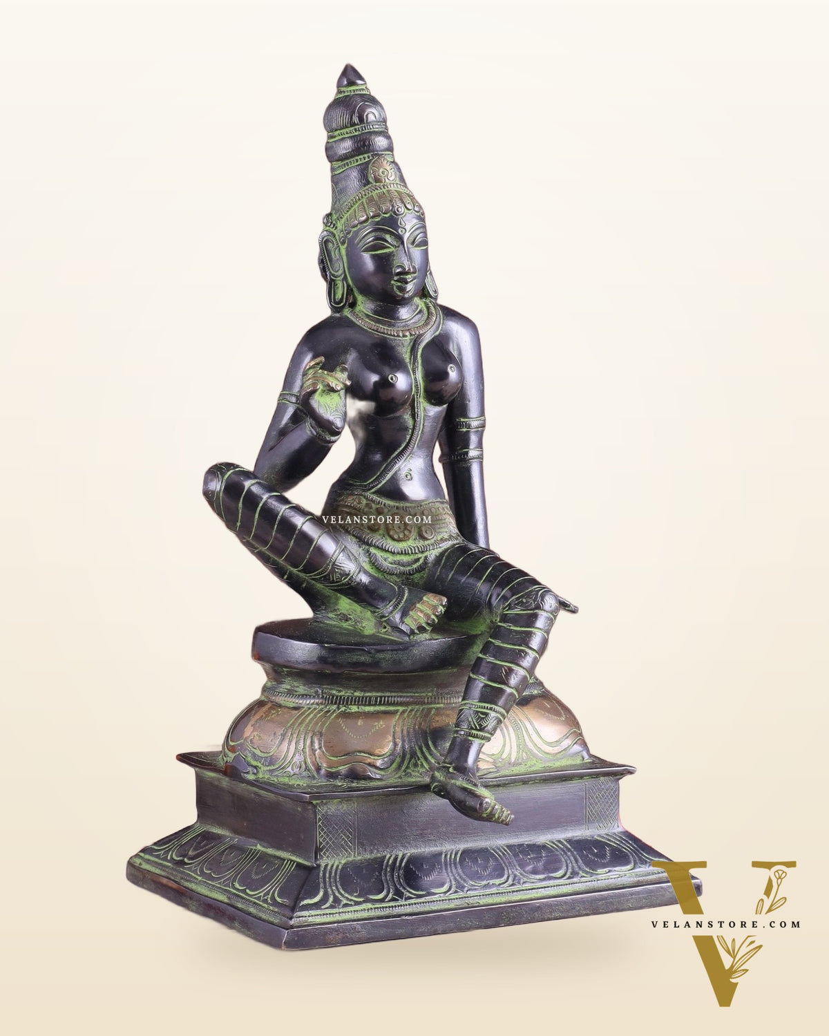 Pure Brass Seated Parvati Idol - 12" Black green tone