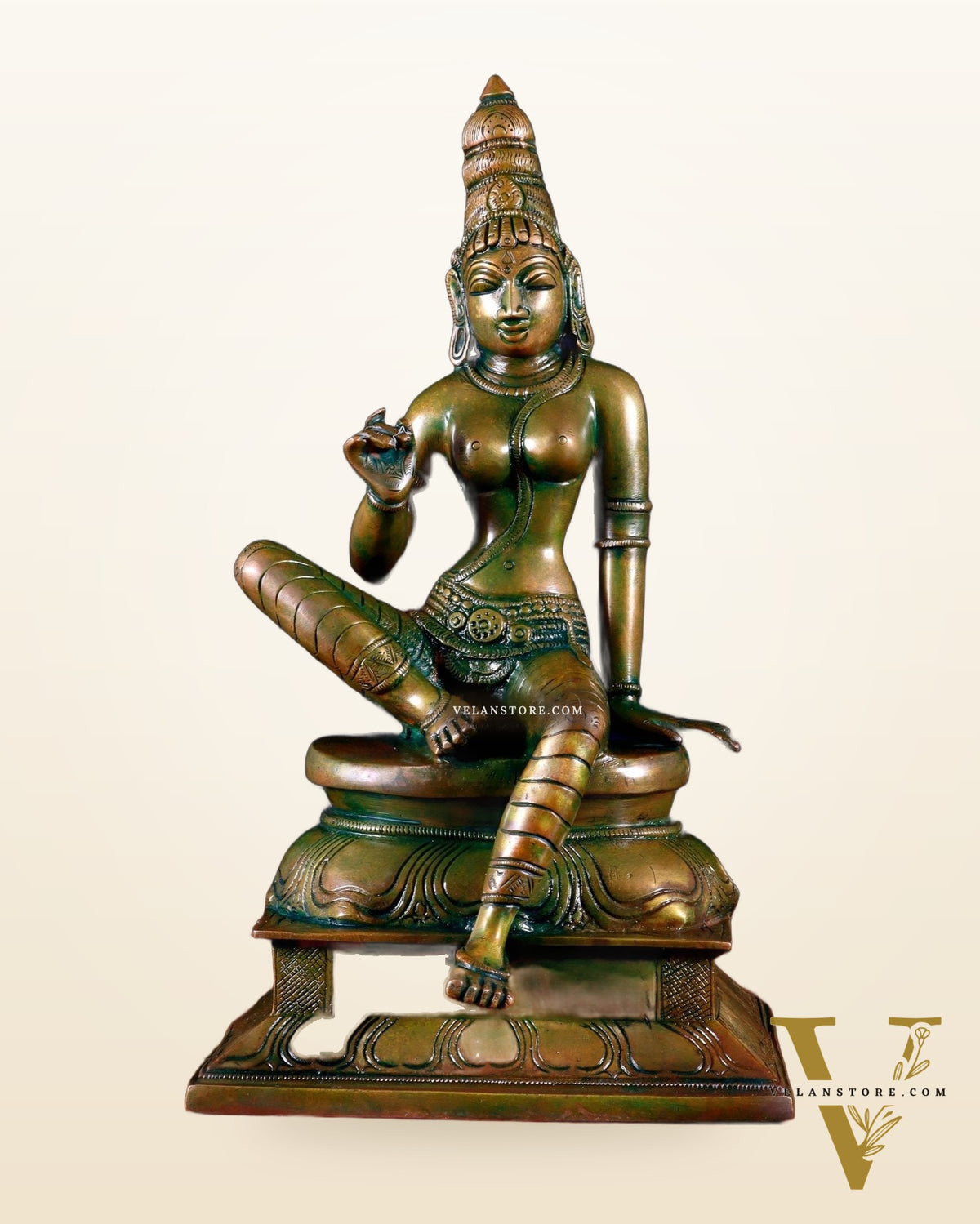 Pure Brass Seated Parvati Idol - 12" chola bronze tone