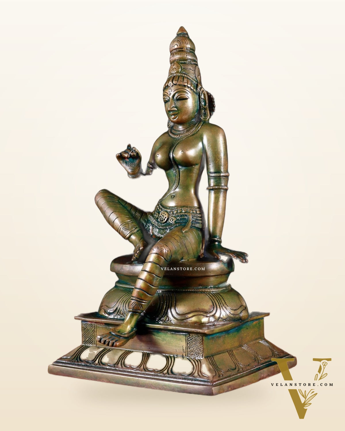 Pure Brass Seated Parvati Idol - 12" chola bronze tone