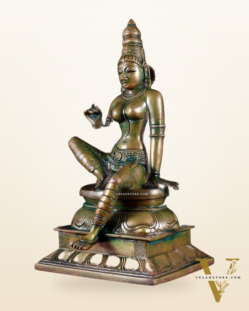 Pure Brass Seated Parvati Idol - 12" chola bronze tone