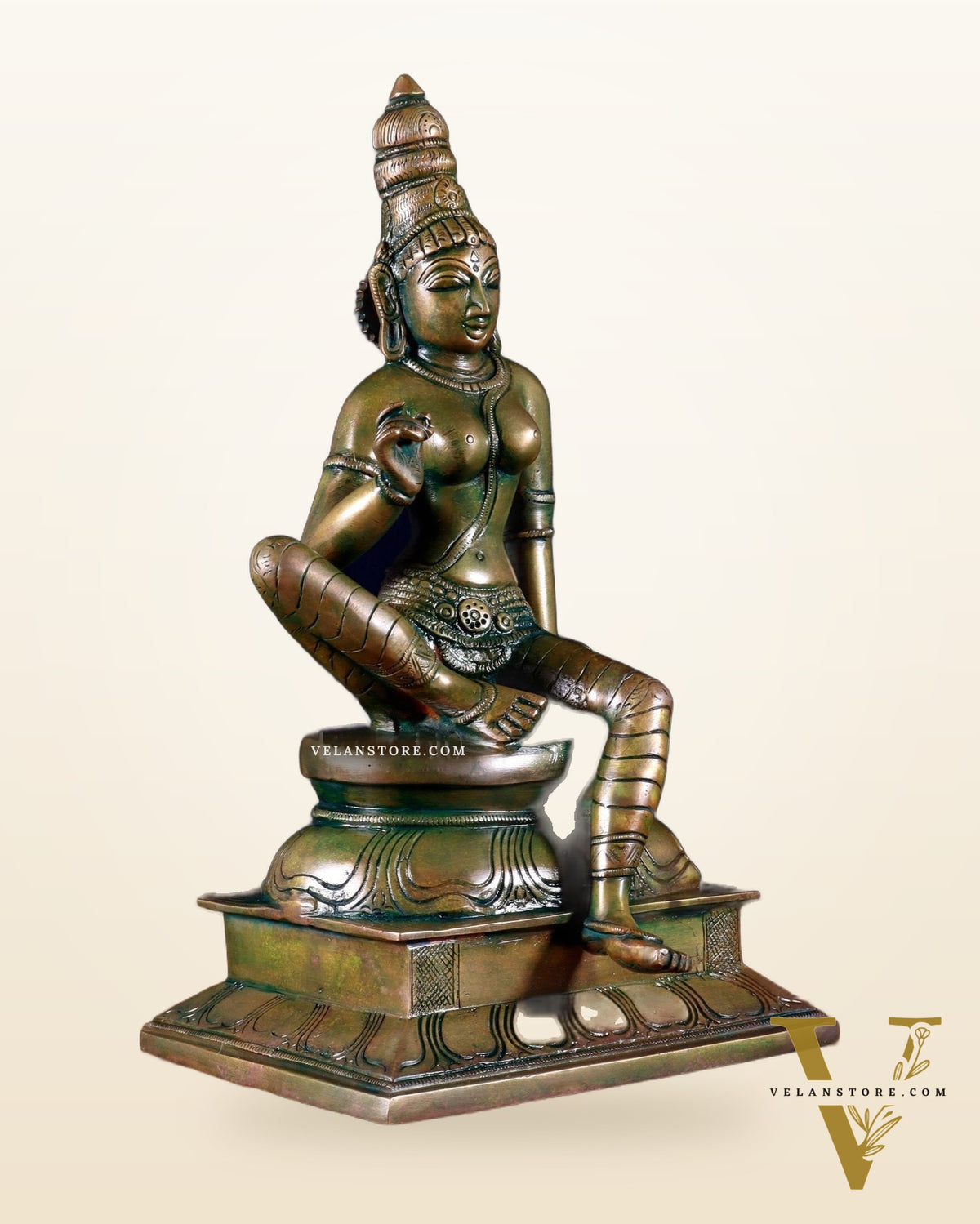 Pure Brass Seated Parvati Idol - 12" chola bronze tone