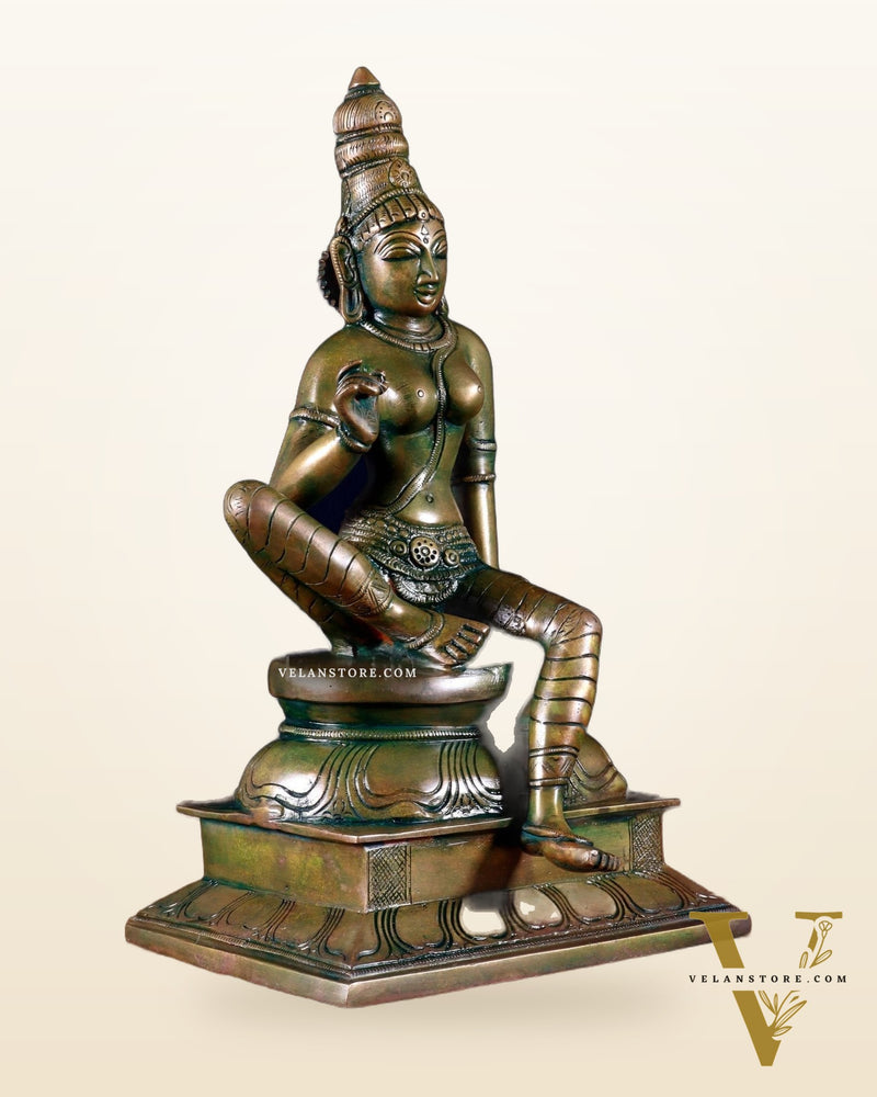 Pure Brass Seated Parvati Idol - 12" chola bronze tone