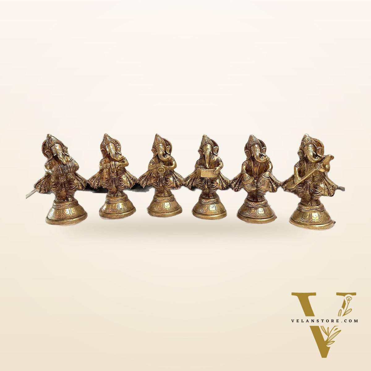 Pure Brass Set of 6 Musician Ganesha Idols Showpieces | Handcrafted Decor 6 inch