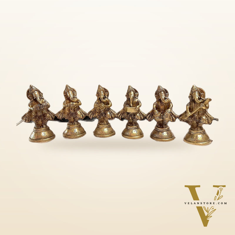 Pure Brass Set of 6 Musician Ganesha Idols Showpieces | Handcrafted Decor 6 inch