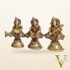Pure Brass Set of 6 Musician Ganesha Idols Showpieces | Handcrafted Decor 6 inch