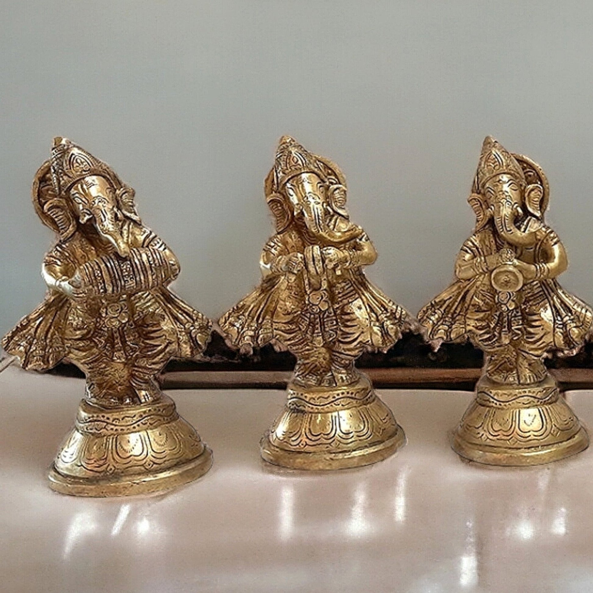 Pure Brass Set of 6 Musician Ganesha Idols Showpieces | Handcrafted Decor 6 inch