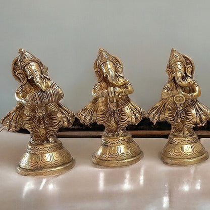 Pure Brass Set of 6 Musician Ganesha Idols Showpieces | Handcrafted Decor 6 inch