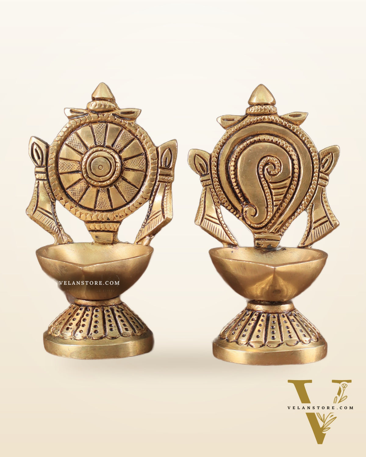 Pure Brass Shankh Chakra Oil Lamps (Pair) 4.5"