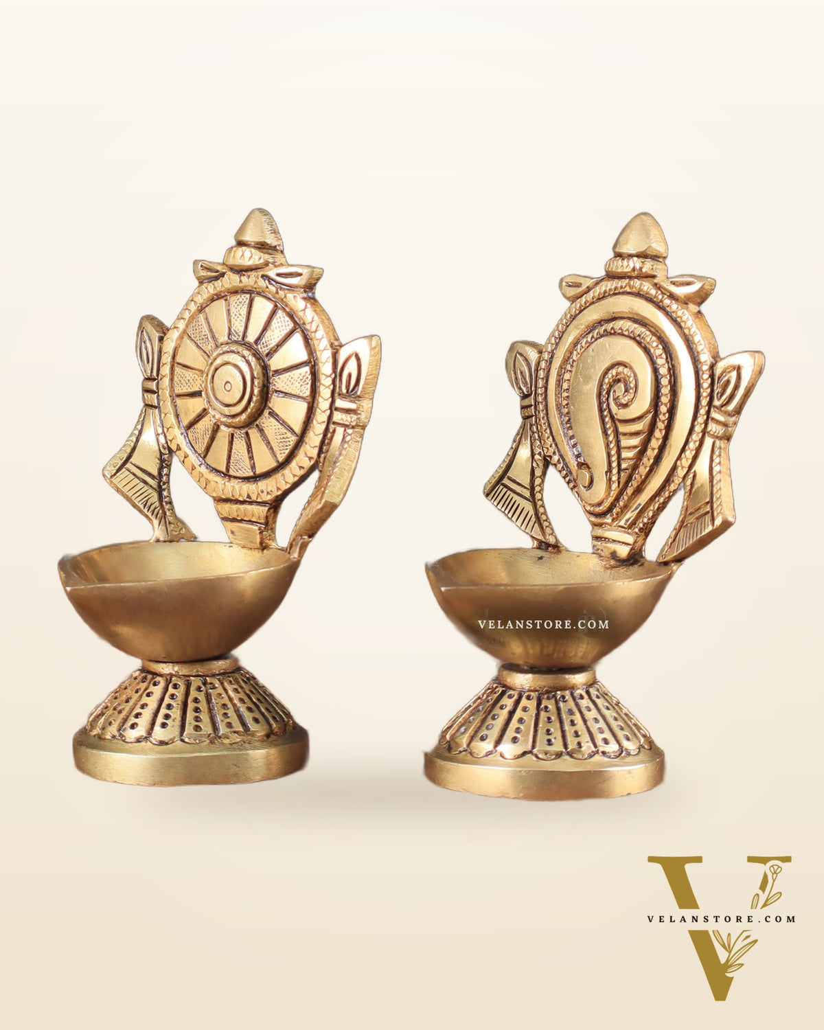 Pure Brass Shankh Chakra Oil Lamps (Pair) 4.5"
