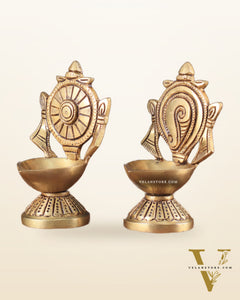 Pure Brass Shankh Chakra Oil Lamps (Pair) 4.5"