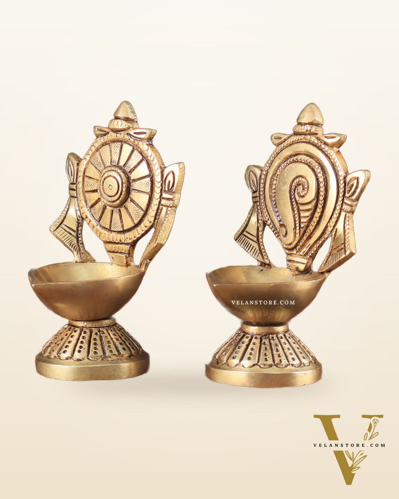 Pure Brass Shankh Chakra Oil Lamps (Pair) 4.5"