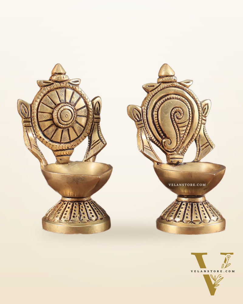 Pure Brass Shankh Chakra Oil Lamps (Pair) 4.5"