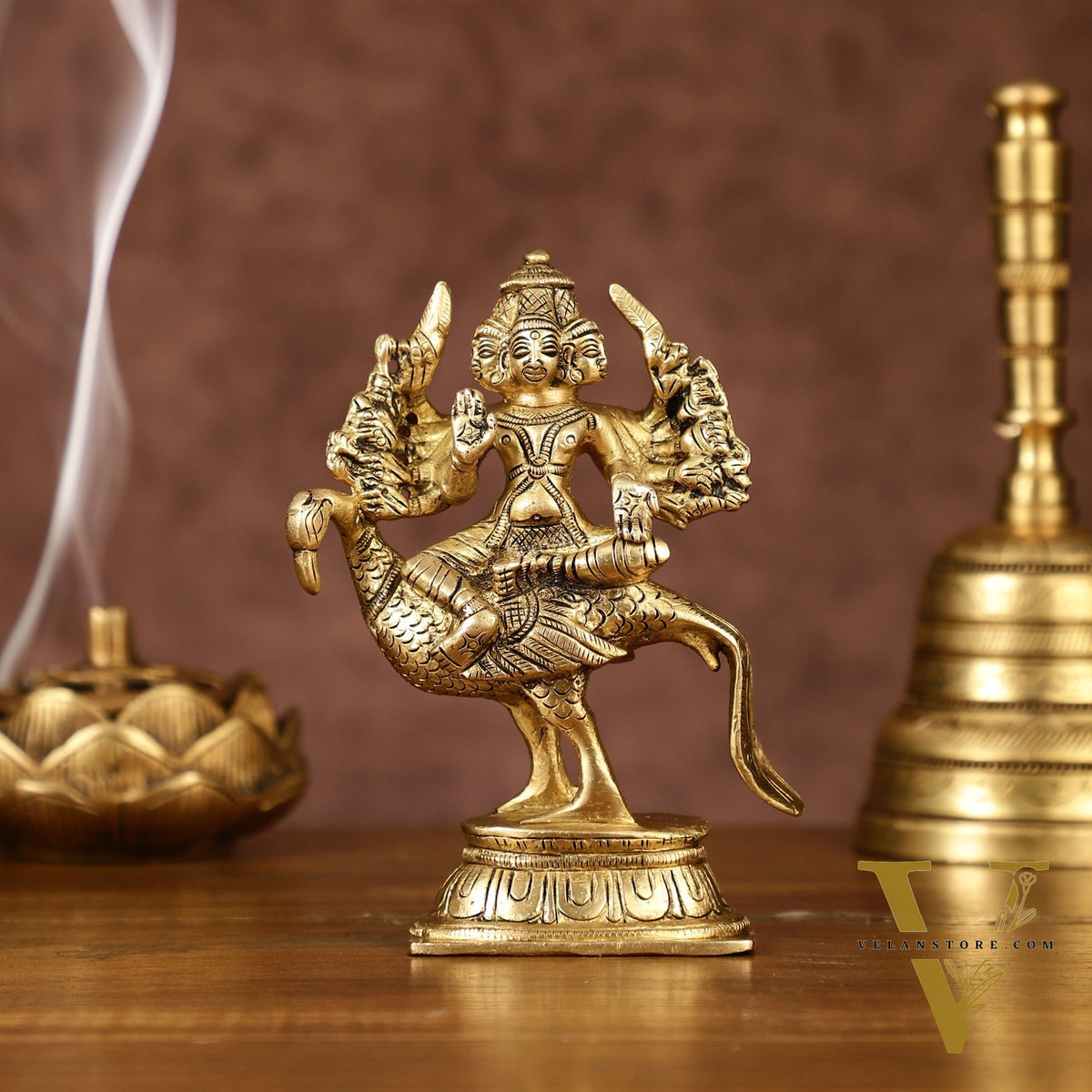 Pure Brass Shanmugar Murugan with 6 Heads Sitting on Peacock Small Idol