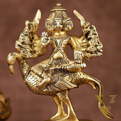 Pure Brass Shanmugar Murugan with 6 Heads Sitting on Peacock Small Idol