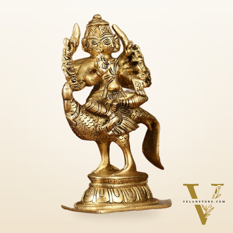 Pure Brass Shanmugar Murugan with 6 Heads Sitting on Peacock Small Idol