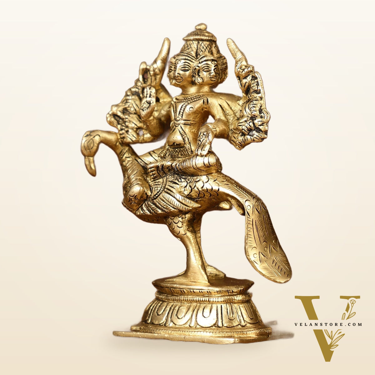 Pure Brass Shanmugar Murugan with 6 Heads Sitting on Peacock Small Idol