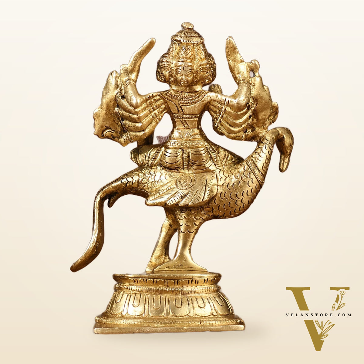 Pure Brass Shanmugar Murugan with 6 Heads Sitting on Peacock Small Idol