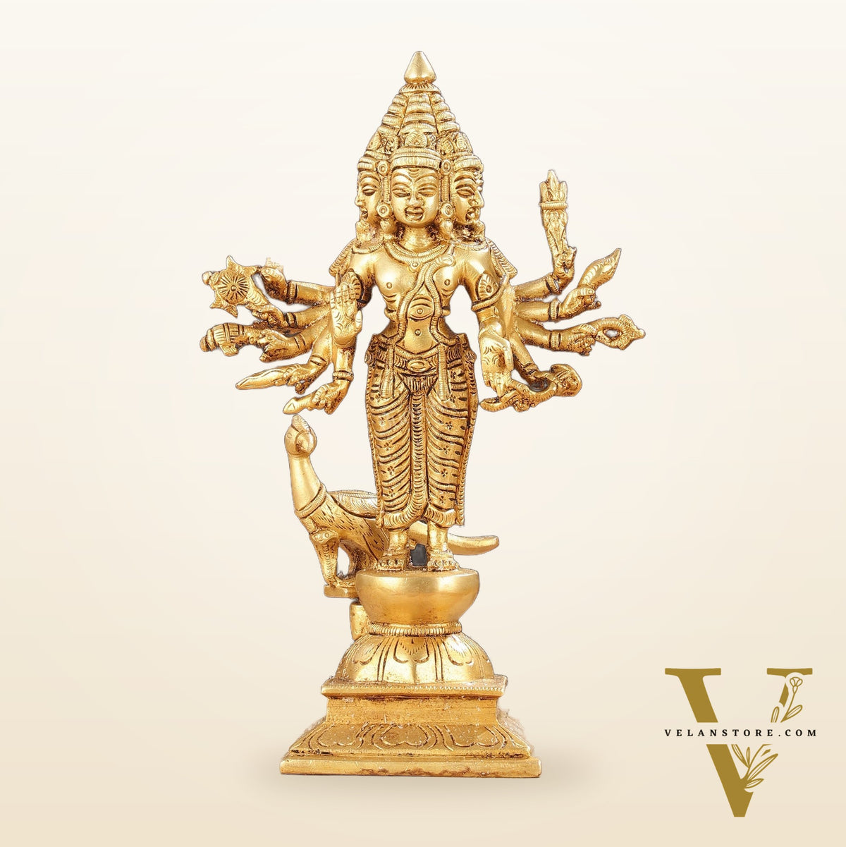 Pure Brass Shanmukha Murugan Idol with Six Heads 10.5 inch