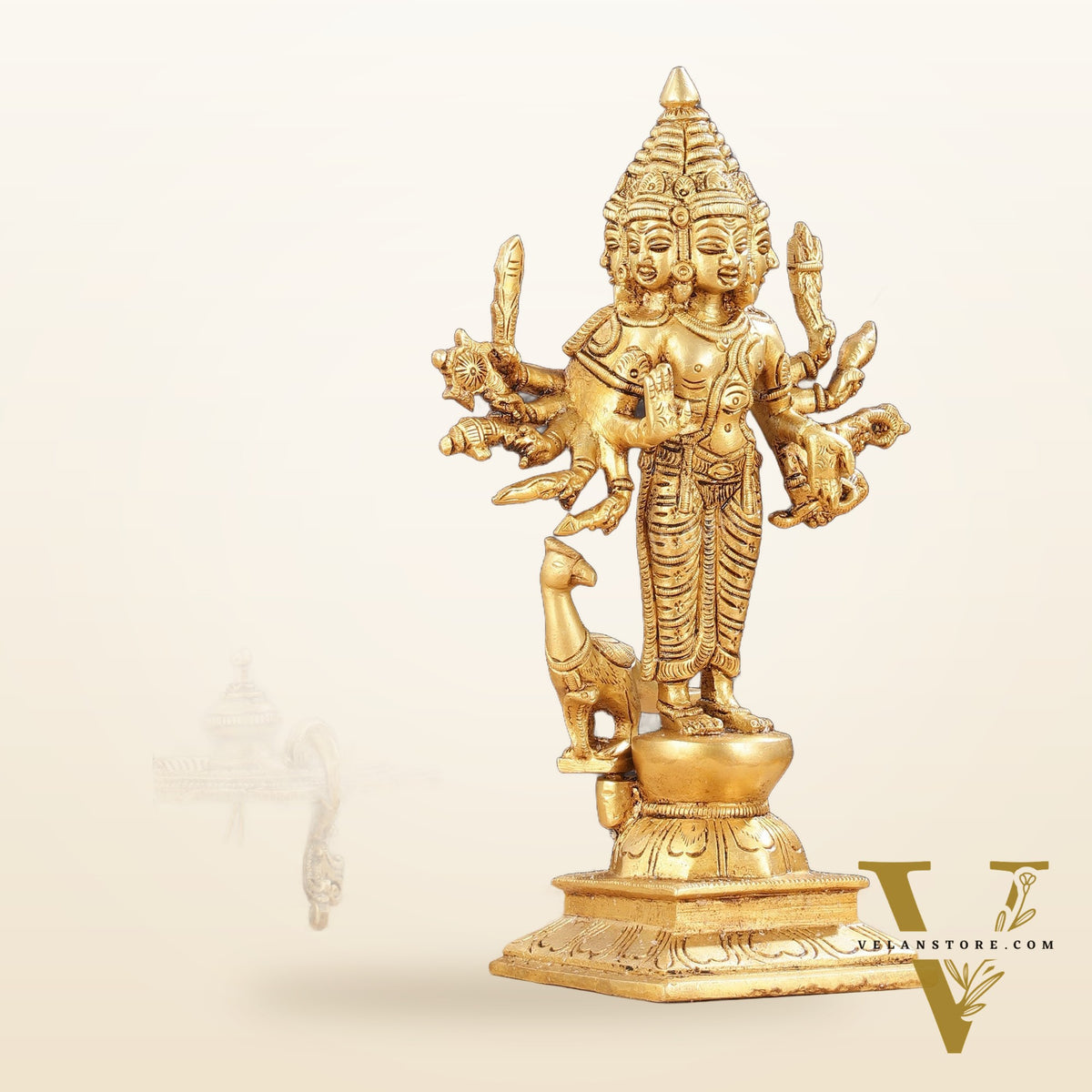 Pure Brass Shanmukha Murugan Idol with Six Heads 10.5 inch