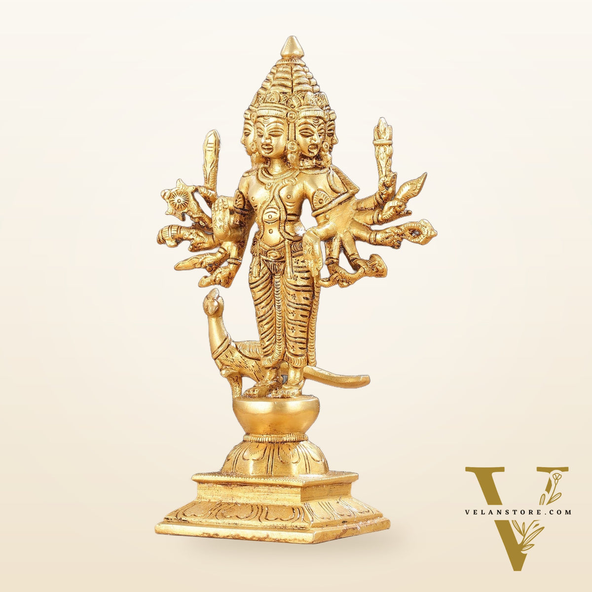 Pure Brass Shanmukha Murugan Idol with Six Heads 10.5 inch