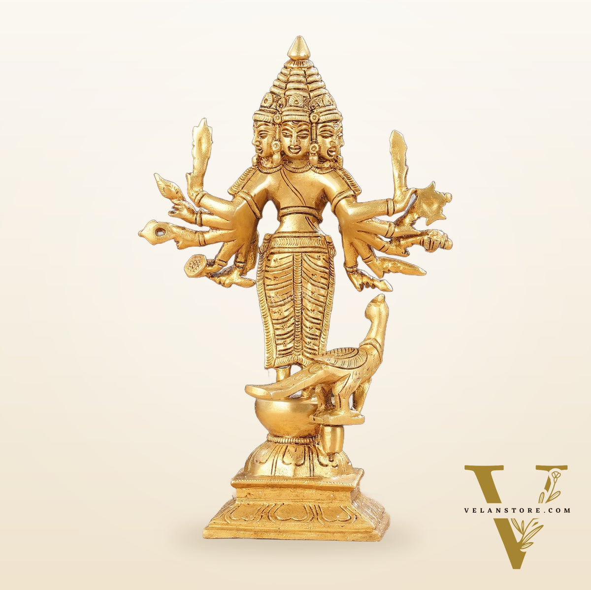 Pure Brass Shanmukha Murugan Idol with Six Heads 10.5 inch