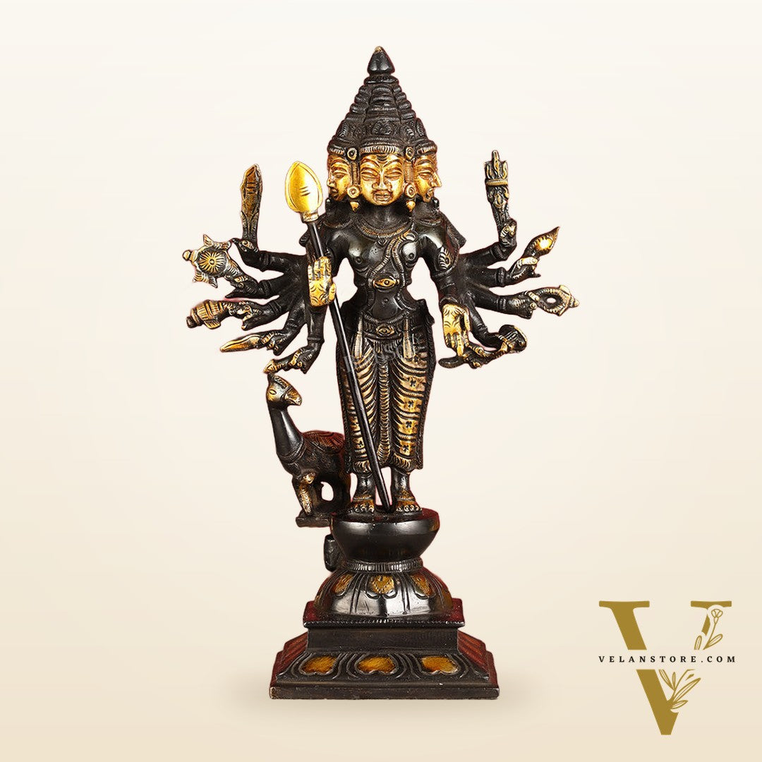 Pure Brass Shanmukha Murugan Idol with Six Heads 10.5 inch