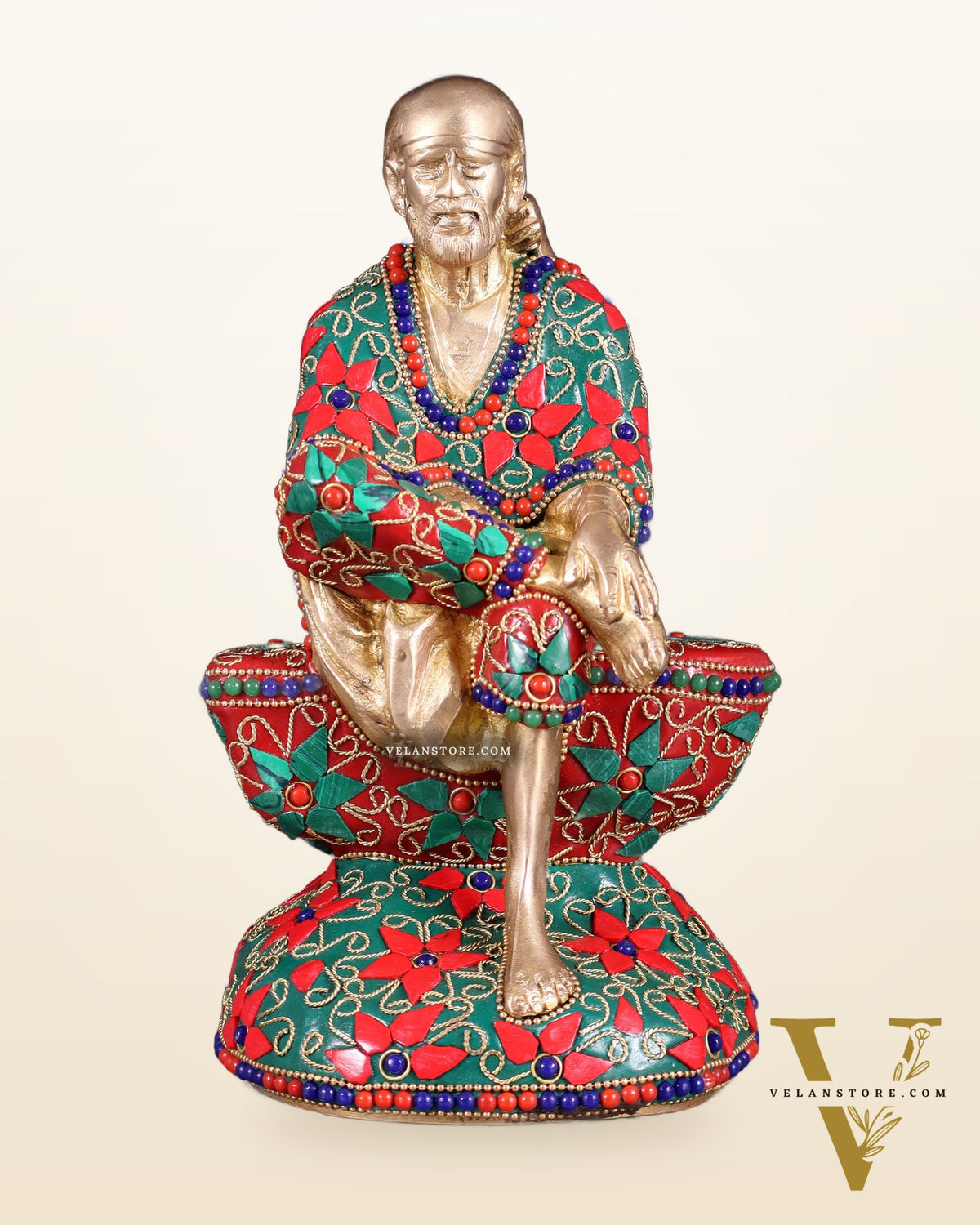 Pure Brass Shirdi Sai Baba Statue with Floral Stonework 9"