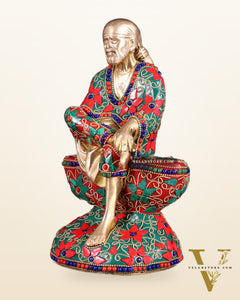 Pure Brass Shirdi Sai Baba Statue with Floral Stonework 9"