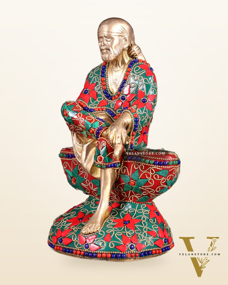 Pure Brass Shirdi Sai Baba Statue with Floral Stonework 9"