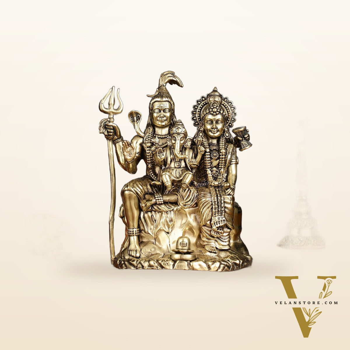 Pure Brass Shiv Parivar with Shiva, Parvati, and Ganesha - Intricate Lightweight Idol, 6" Tall