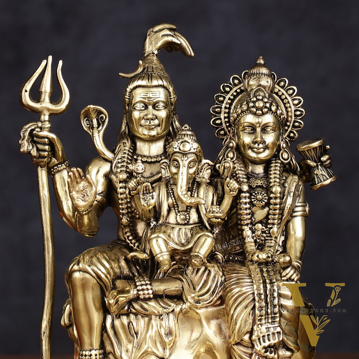 Pure Brass Shiv Parivar with Shiva, Parvati, and Ganesha - Intricate Lightweight Idol, 6" Tall
