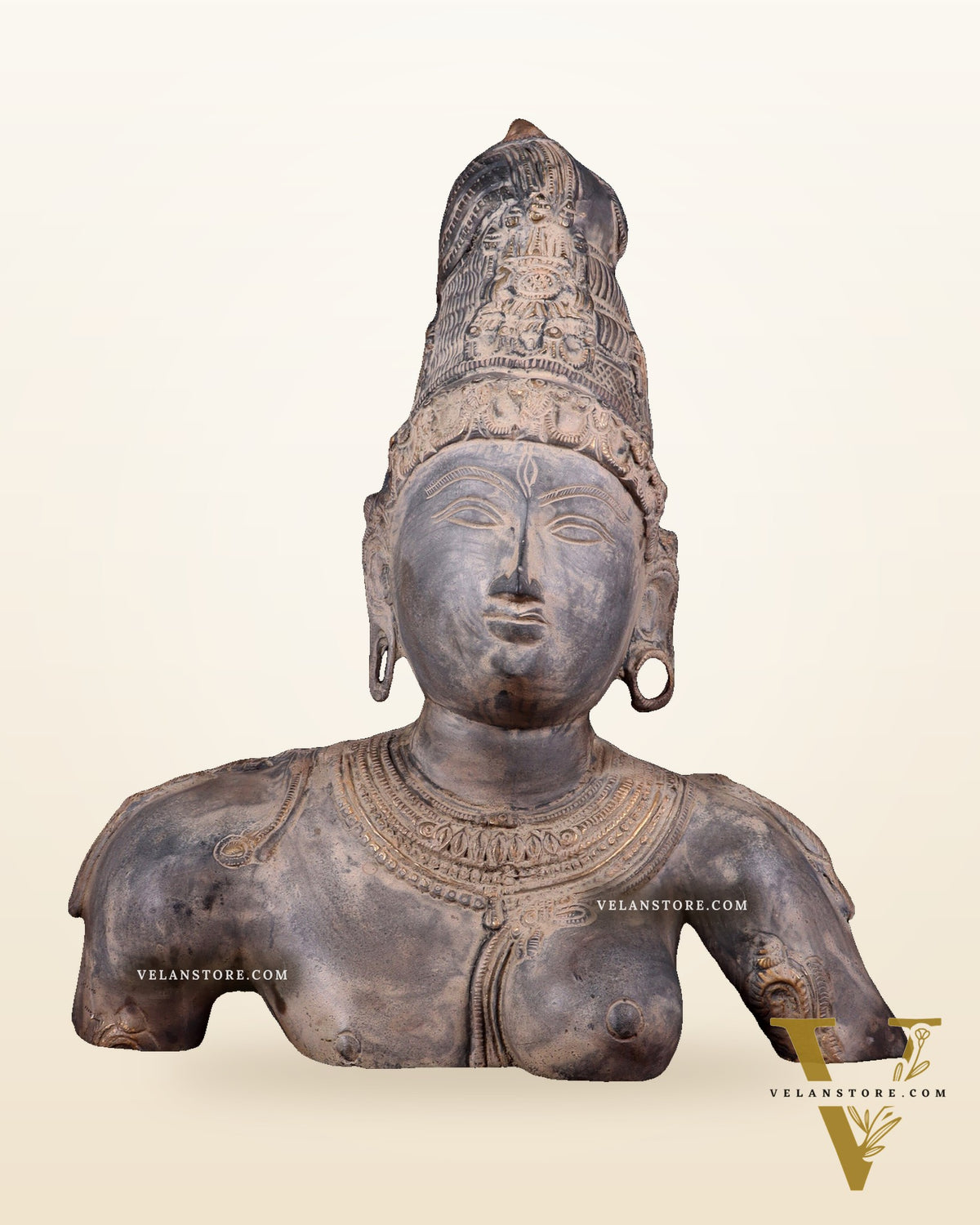 Pure Brass Shiva Parvati Ardhanarishwar Bust Sculpture – Vintage Stone Finish 12.25 inch