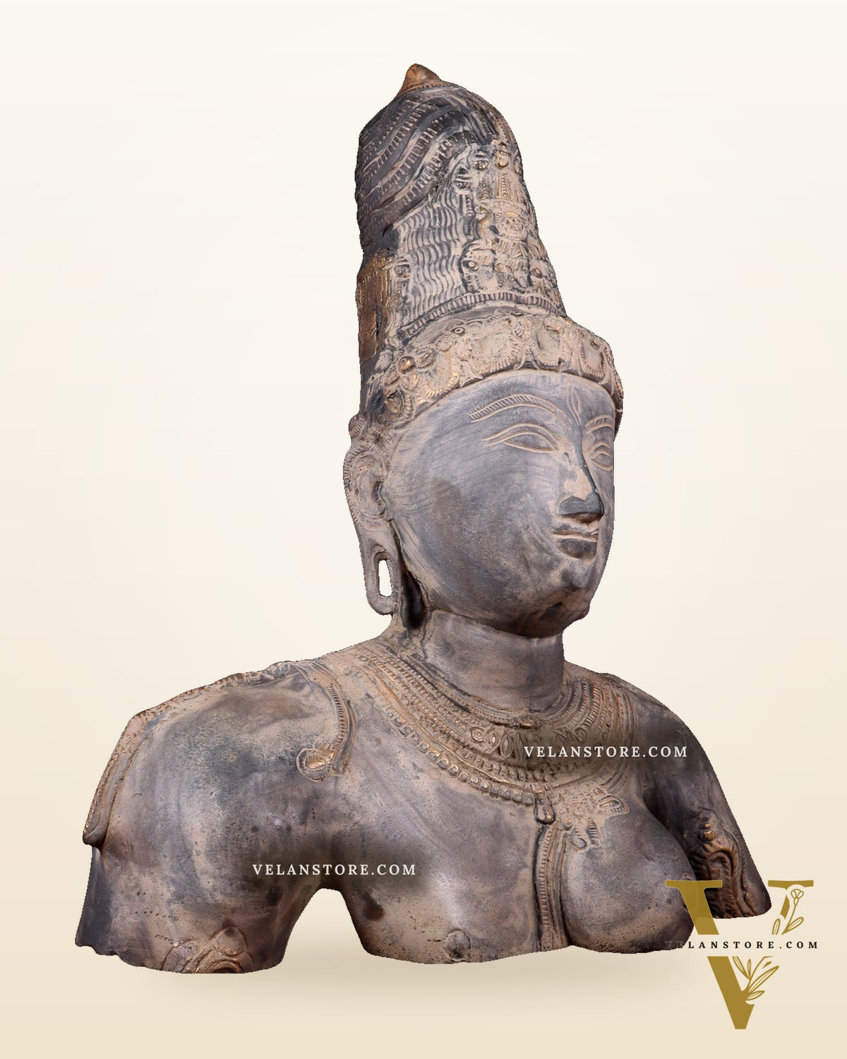 Pure Brass Shiva Parvati Ardhanarishwar Bust Sculpture – Vintage Stone Finish 12.25 inch