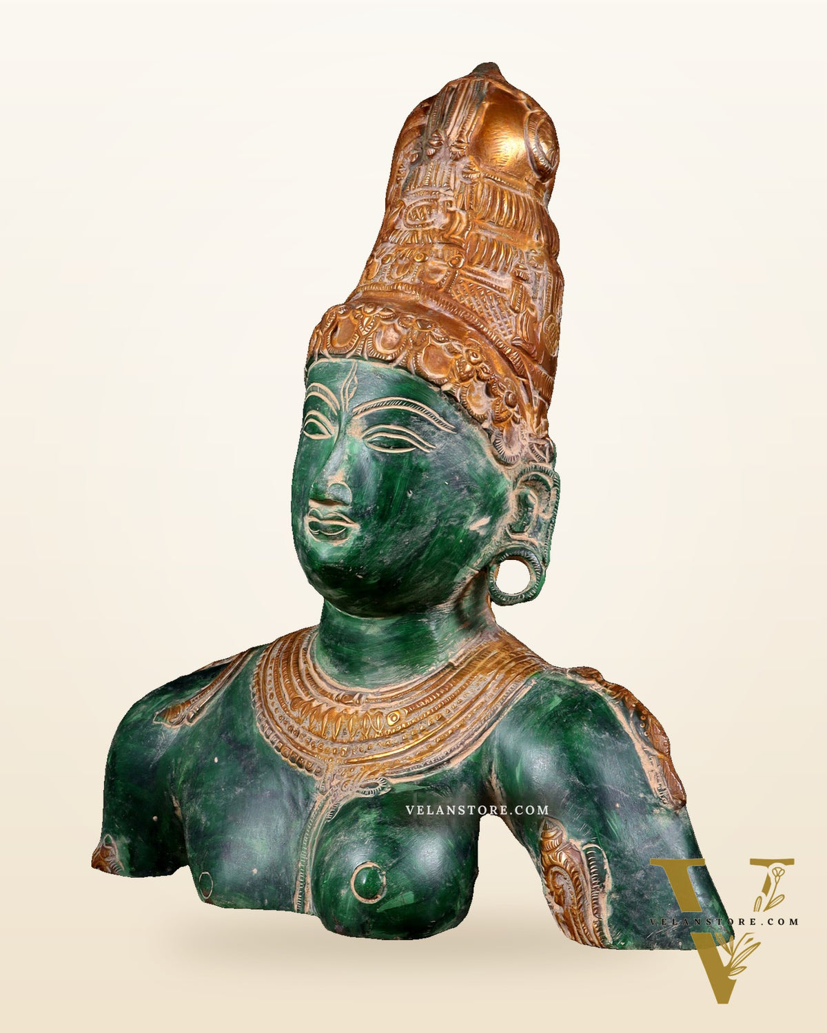 Pure Brass Shiva Parvati Ardhanarishwar Bust Sculpture – Vintage green patina 12.25 inch