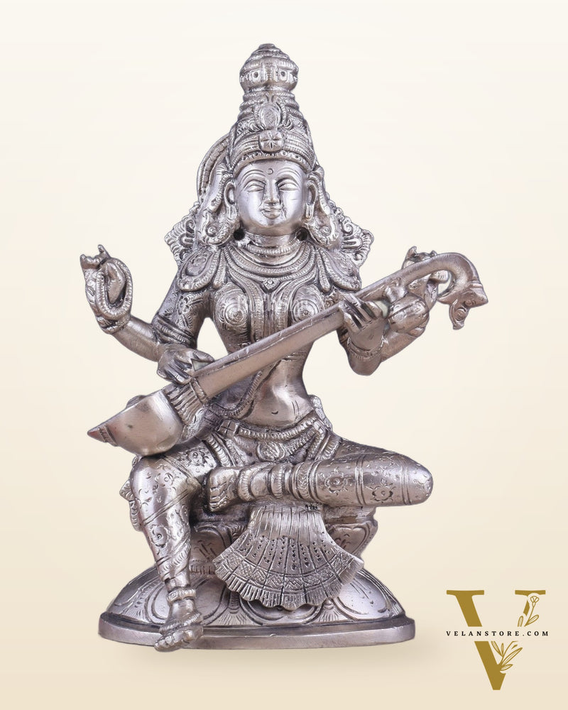 Pure Brass Silver-Plated Goddess Saraswati Idol 8"