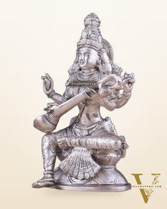 Pure Brass Silver-Plated Goddess Saraswati Idol 8"