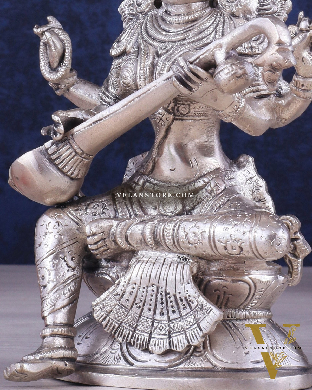 Pure Brass Silver-Plated Goddess Saraswati Idol 8"