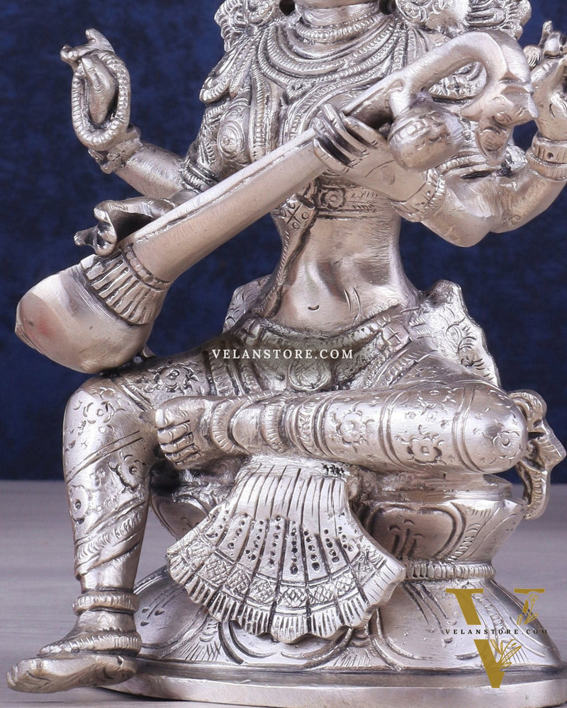 Pure Brass Silver-Plated Goddess Saraswati Idol 8"