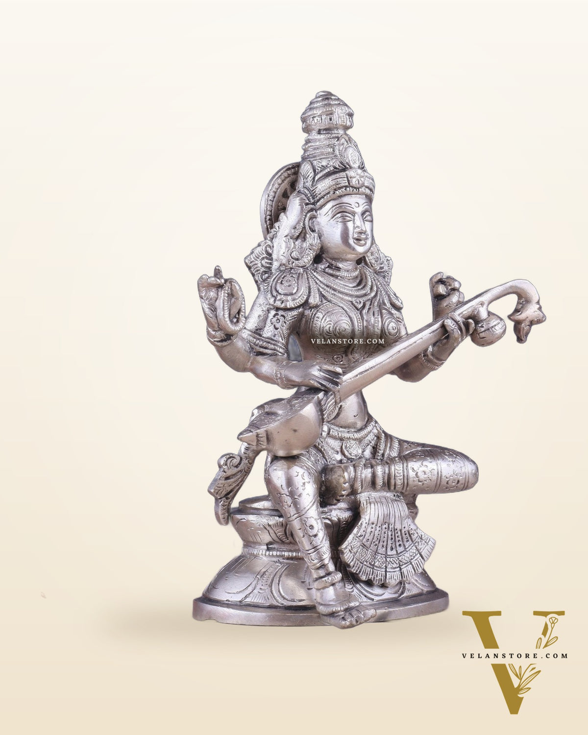 Pure Brass Silver-Plated Goddess Saraswati Idol 8"