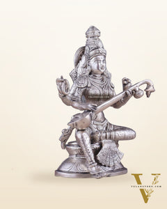 Pure Brass Silver-Plated Goddess Saraswati Idol 8"