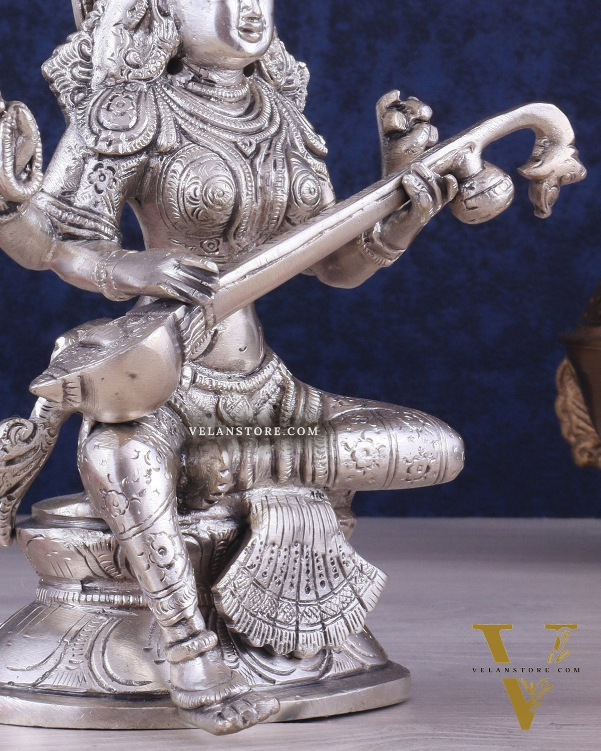 Pure Brass Silver-Plated Goddess Saraswati Idol 8"