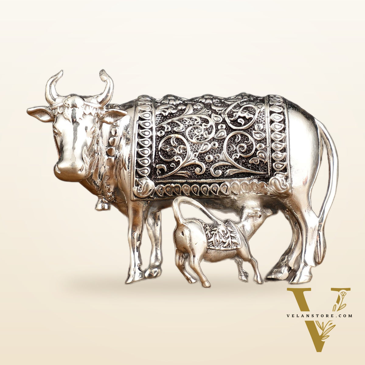 Pure Brass Silver Plated Kamdhenu Cow with Calf Idol - 3"