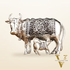 Pure Brass Silver Plated Kamdhenu Cow with Calf Idol - 3"