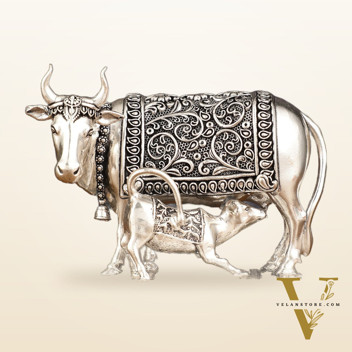 Pure Brass Silver Plated Kamdhenu Cow with Calf Idol - 4" Tall