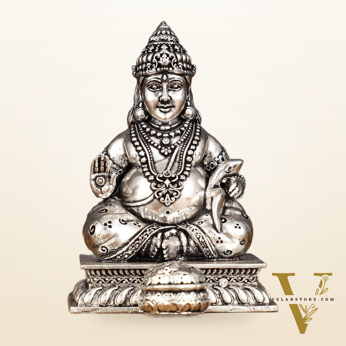 Pure Brass Silver Plated Kuber Idol - 4 Inch, Intricately Carved
