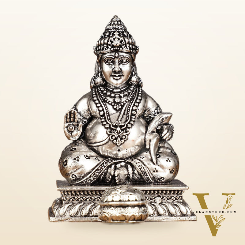 Pure Brass Silver Plated Kuber Idol - 4 Inch, Intricately Carved
