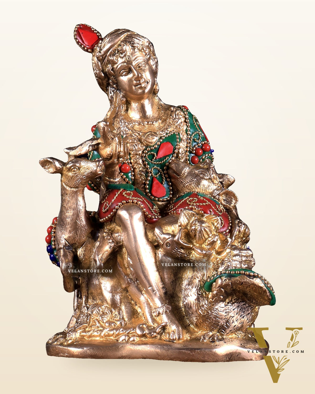 Pure Brass Sitting Lord Krishna Idol with Meenakari Stonework – Forest Scene 6 inch
